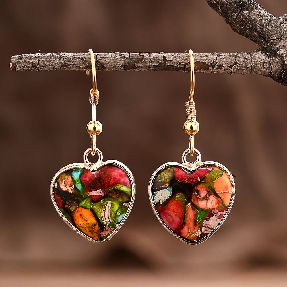 Beat Love Jewels®  - Heart-shaped natural bohemian glass necklace and earrings for women