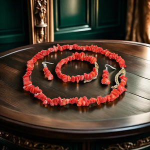 Natural Coral Jewels® - Completo di orecchini, bracciale e collana in corallo per donna