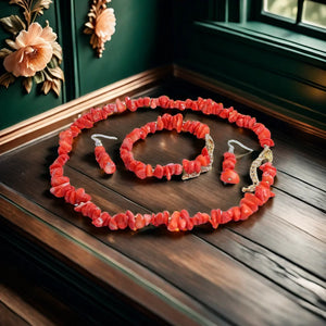 Natural Coral Jewels® - Completo di orecchini, bracciale e collana in corallo per donna
