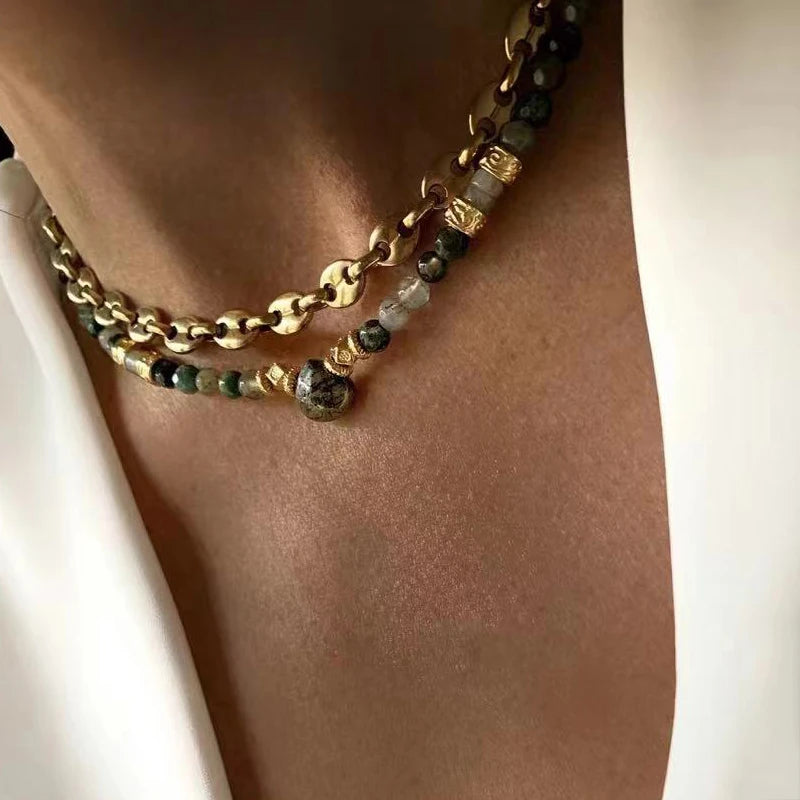 Natural Stone Jewels®  - Man women greennatural stonebeaded choker special design