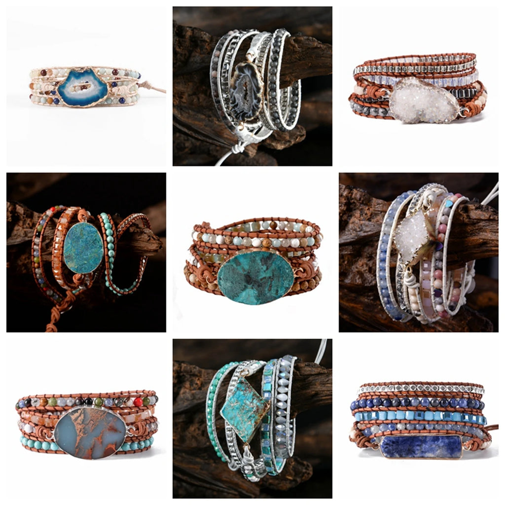 Lifeblood Jewels® - Unique mix strandsleather bracelet multicolor natural stone for woman