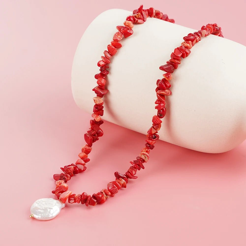 Natural Coral® - Coral necklace with rose quartz stone and accessories - NaturJewels®