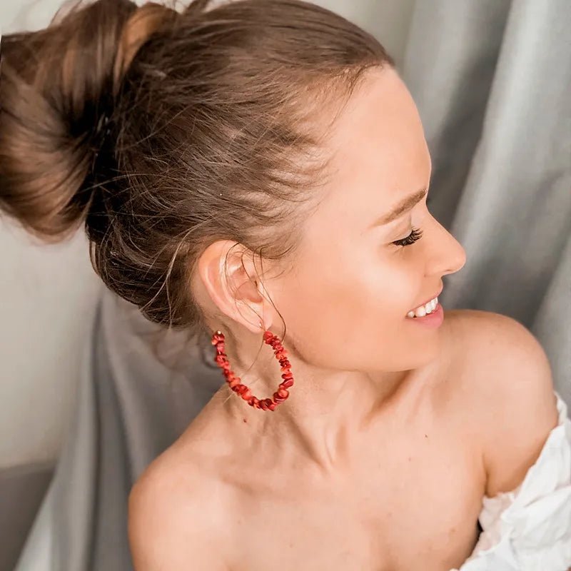 Natural Coral Jewels® - Dangling red coral stone earrings - NaturJewels®
